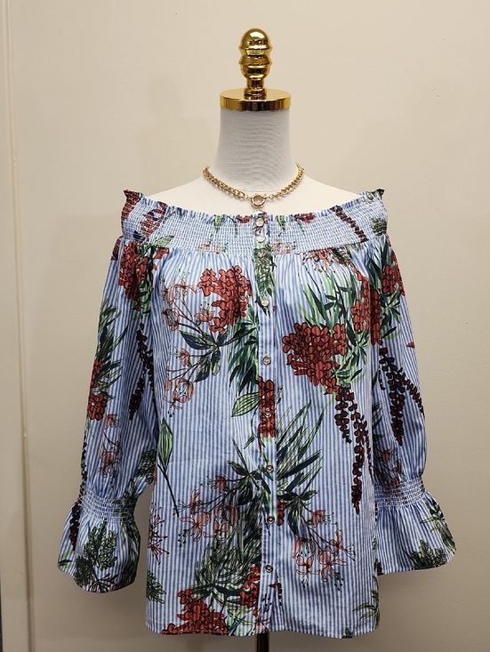 Tommy Hilfiger Tops - Tommy Hilfiger Off Shoulder Blouse Blue Stripe Floral Long Sleeve Size Medium